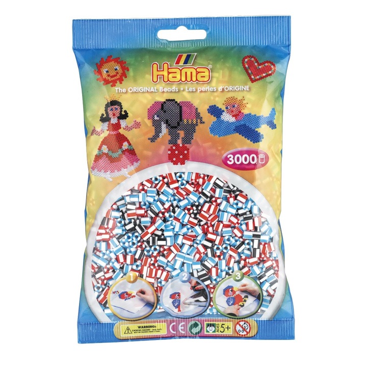 Margele de calcat HAMA MIDI mix 3 culori cu dungi, 1000 buc in pungulita