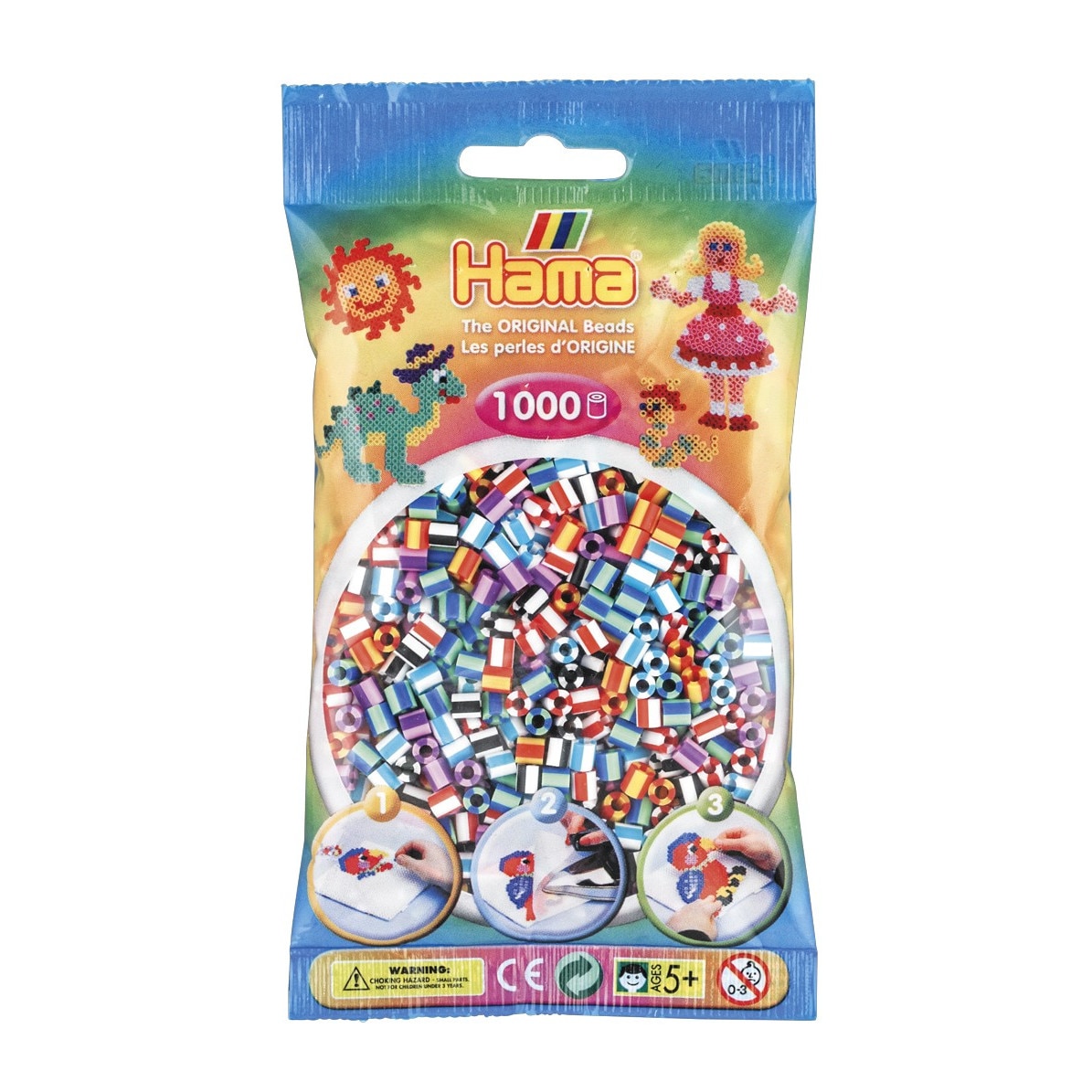 Margele de calcat HAMA MIDI mix 6 culori cu dungi, 1000 buc in pungulita