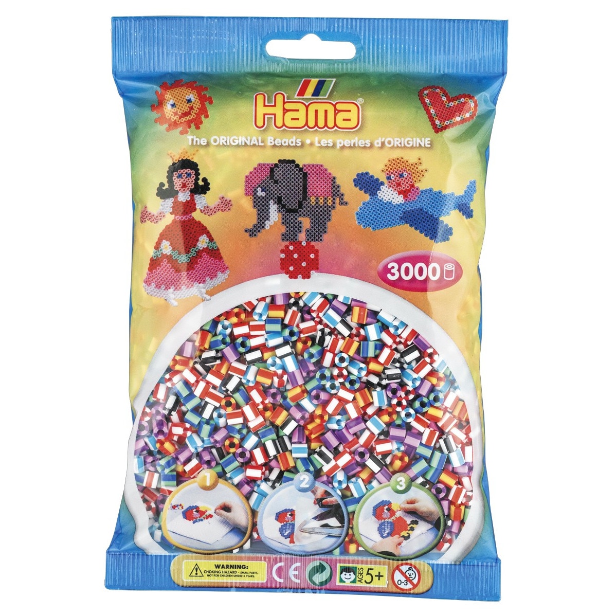 Margele de calcat HAMA MIDI mix 6 culori cu dungi, 3000 buc in pungulita