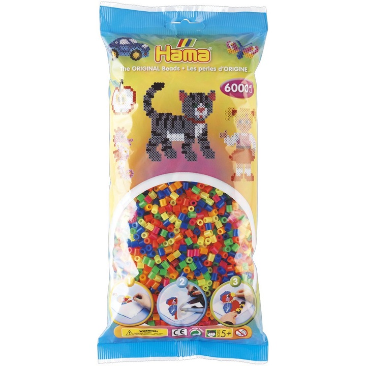 Margele de calcat HAMA MIDI mix 6 culori neon, 6000 buc in pungulita