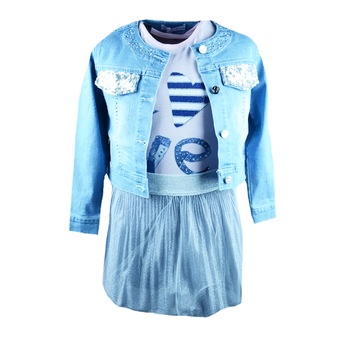 Compleu 3 piese jacheta de blugi, fusta si tricou pentru fete Happy House FOFO-094M, Multicolor Compleu 3 piese jacheta de blugi, fusta si tricou pentru fete Happy House FOFO-094M, Multicolor