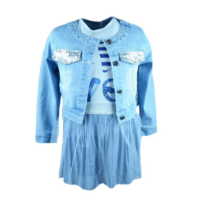 Compleu 3 piese jacheta de blugi, fusta si tricou pentru fete Happy House FOFO-094, Albastru