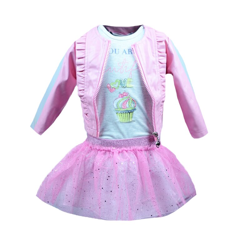 Compleu 3 piese geaca, fusta si tricou pentru fete Happy House FOFO-082, Roz