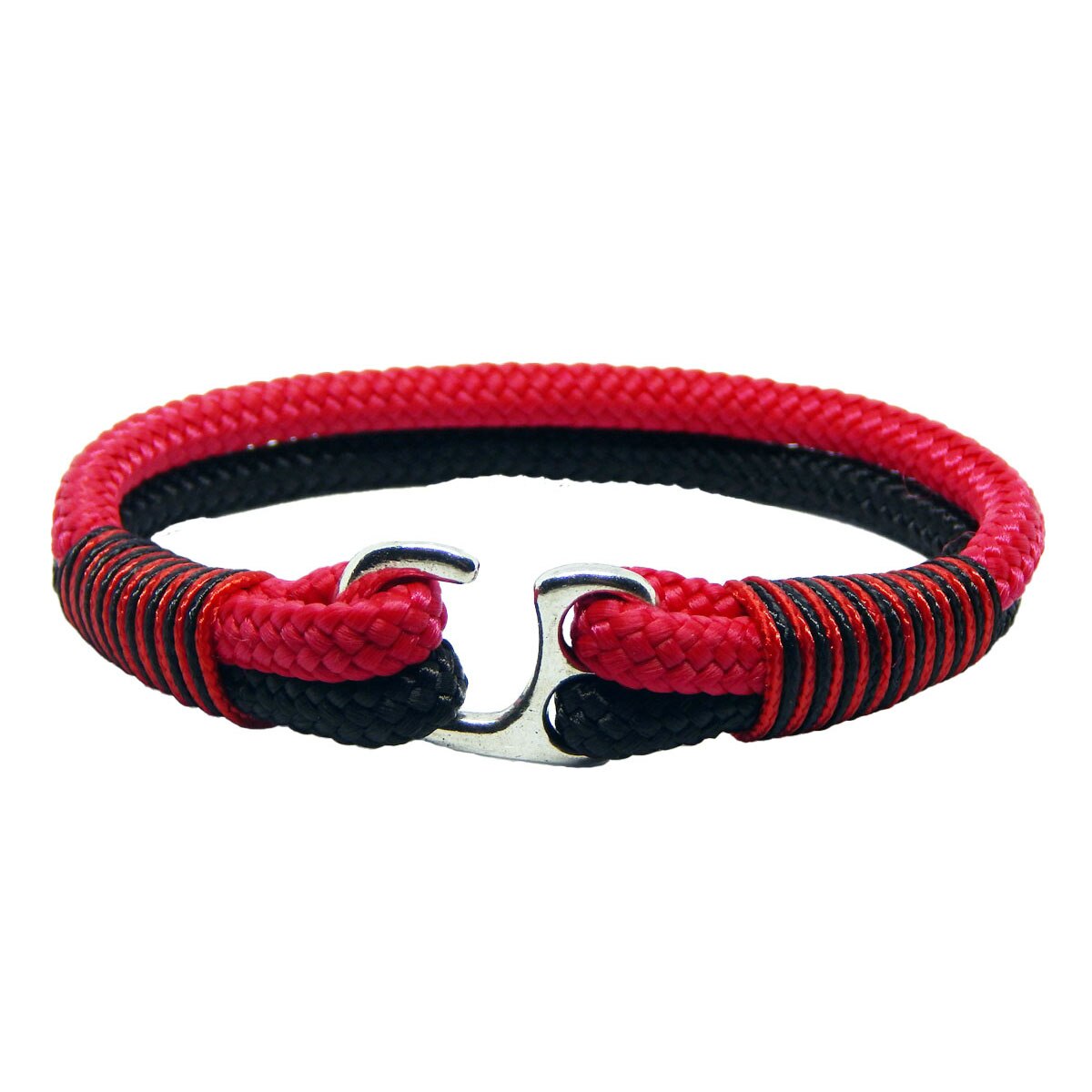 Bratara de 20 cm, din snur paracord pp rosu cu negru, cu carlig argintiu