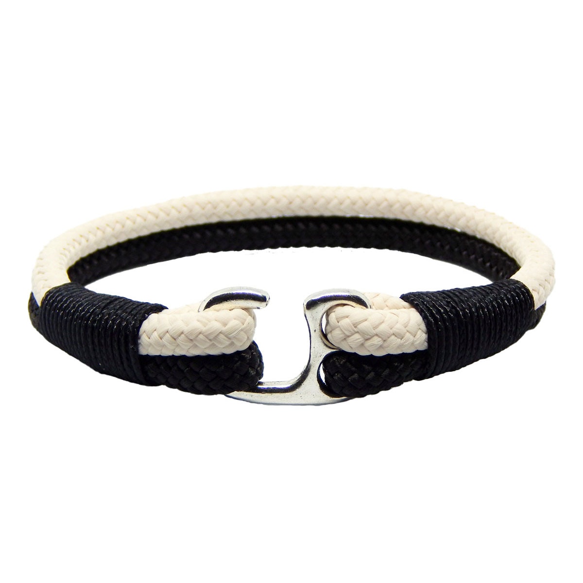Bratara de 20 cm, din snur paracord pp multicolor, preponderent alb, cu carlig argintiu