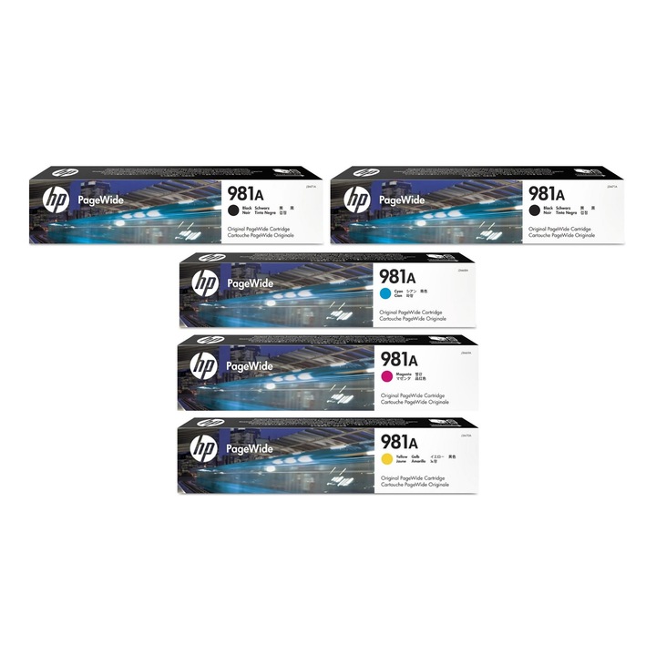 Pachet cartuse cerneala (981A) J3M71A negru x2 J3M68A cyan J3M69A magenta J3M70A galben HP original 30000 pagini