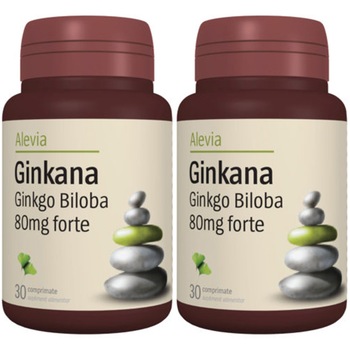 Supliment alimentar Ginkana Ginkgo biloba 80 mg forte Alevia, 30 + 30 comprimate Supliment alimentar Ginkana Ginkgo biloba 80 mg forte Alevia, 30 + 30 comprimate