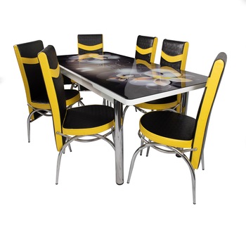 Set masa Venetia cu 6 scaune, DENVER, extensibila, model Versace nuferi galbeni, blat sticla securizata Set masa Venetia cu 6 scaune, DENVER, extensibila, model Versace nuferi galbeni, blat sticla securizata