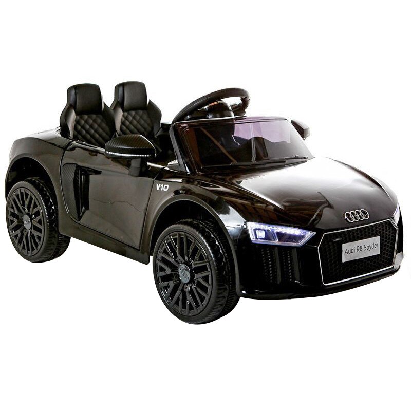 Masinuta electrica Audi R8 Small, negru, licenta original, deschidere usi, motor 2x 35W, baterie 12 V, telecomanda de 2,4 Ghz, roti EVA moi, suspensii, pornire usoara