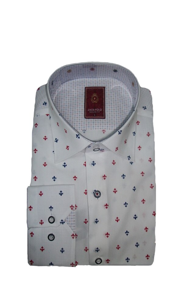 Camasa maneca lunga, imprimeu aparte rosu-bleumarin,D&J Exclussive, Alb, 40