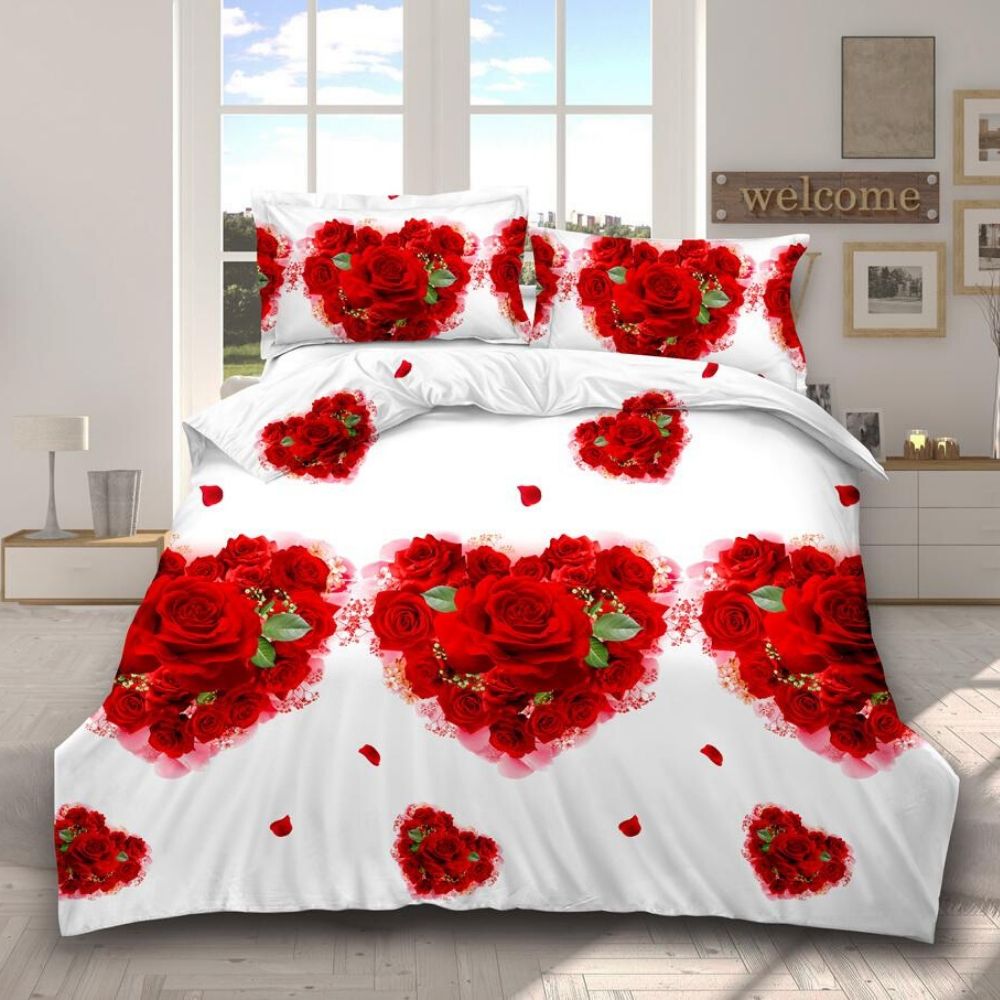 Set Lenjerie de Pat 3D din Bumbac Satinat, 4 Piese, Heart Roses
