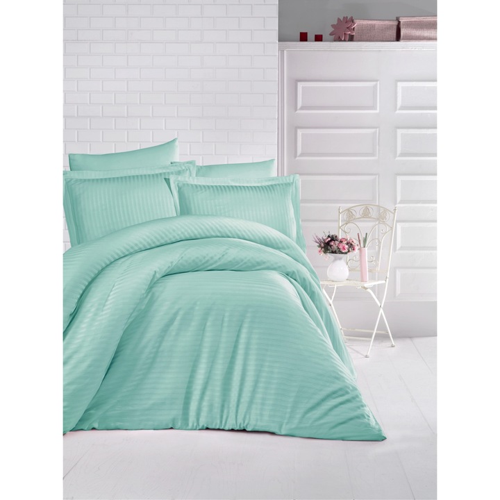 Lenjerie de pat damasc gros cu elastic pentru saltea de 160x200cm, 4 piese, Ralex Pucioasa, Mint