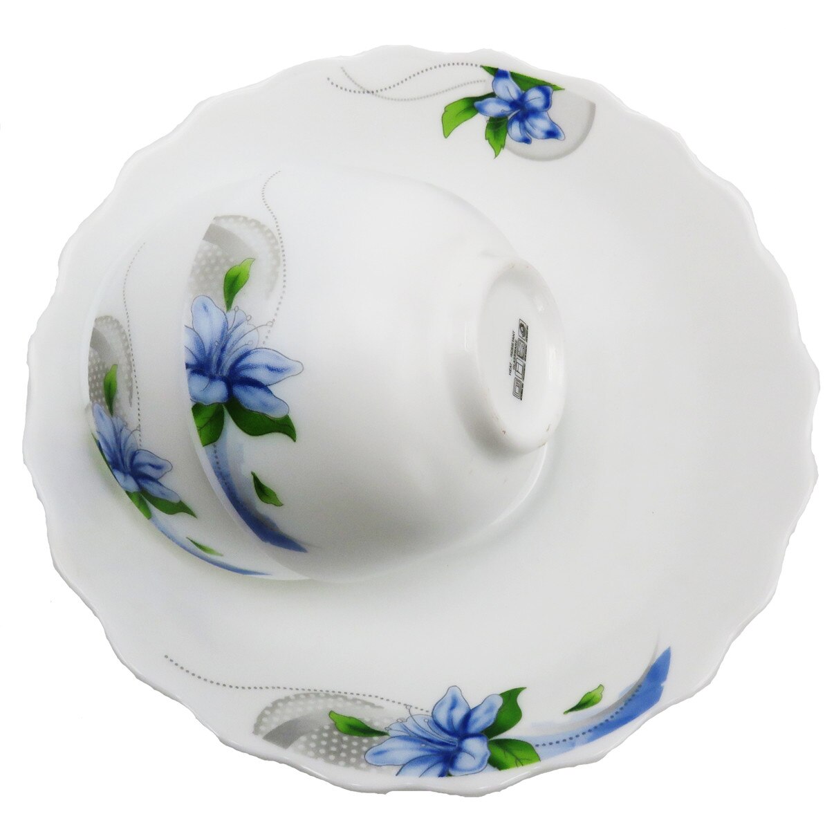 Set de 7 piese opal , un bol de 20 de cm si 6 boluri de 12cm ,model floral albastru.