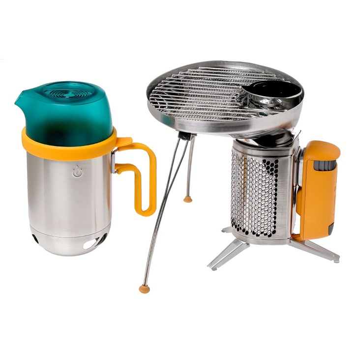 Hordozható égőkészlet 1xBiolite CampStove 2+ 3200mAH akkumulátorral, 1xhordozható grill, 1xoala KettlePot 1,5L, 1xLantern 100Lm USB