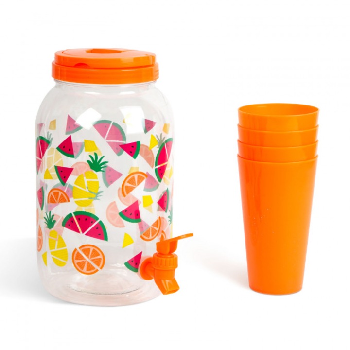 Dozator bauturi cu robinet si cu set de 4 pahare din plastic, portocaliu, 3,8 L