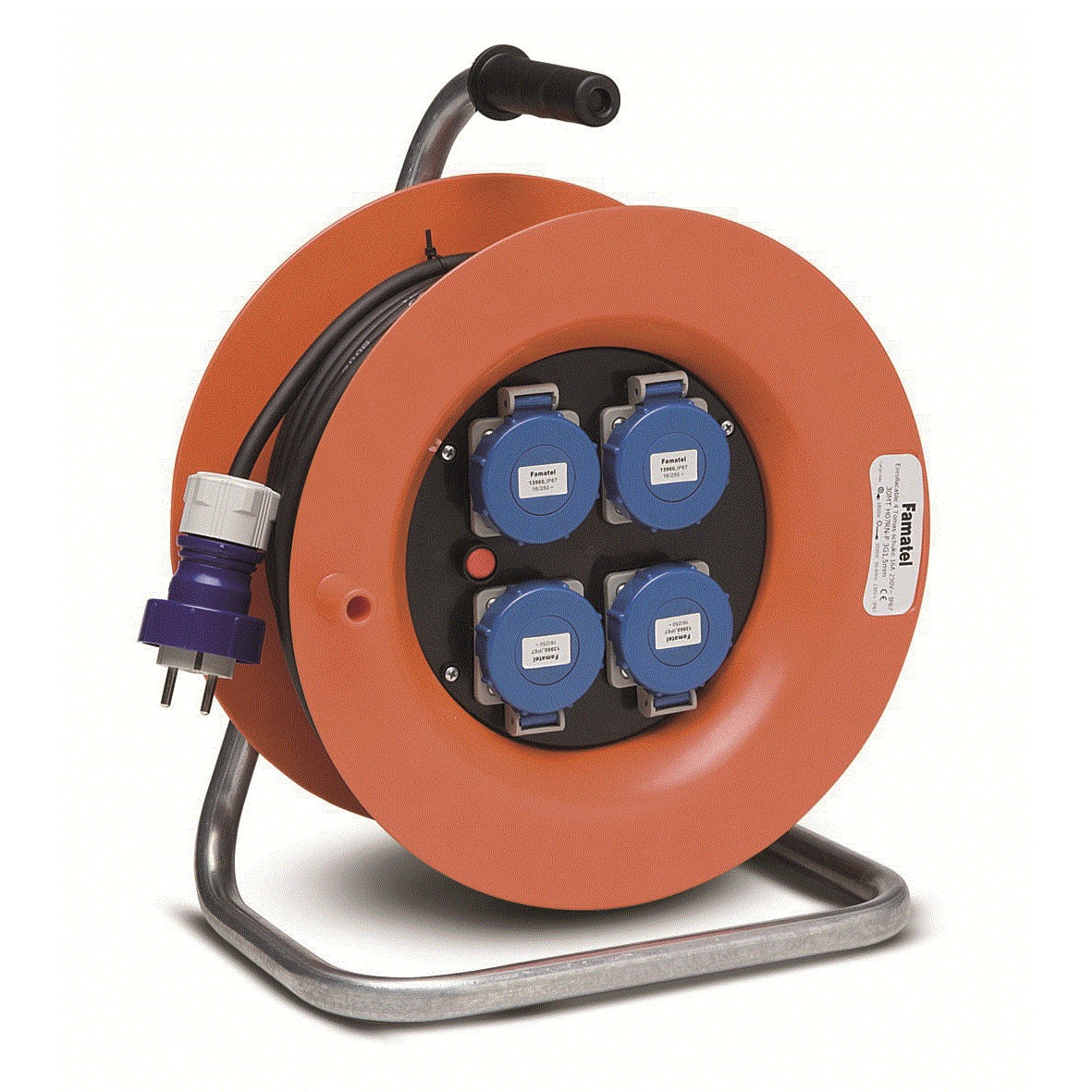 Derulator industrial Famatel 4 prize schuko 50m HO7RN-F 3X1,5mmp cu stecher schuko 16A, 230V IP67