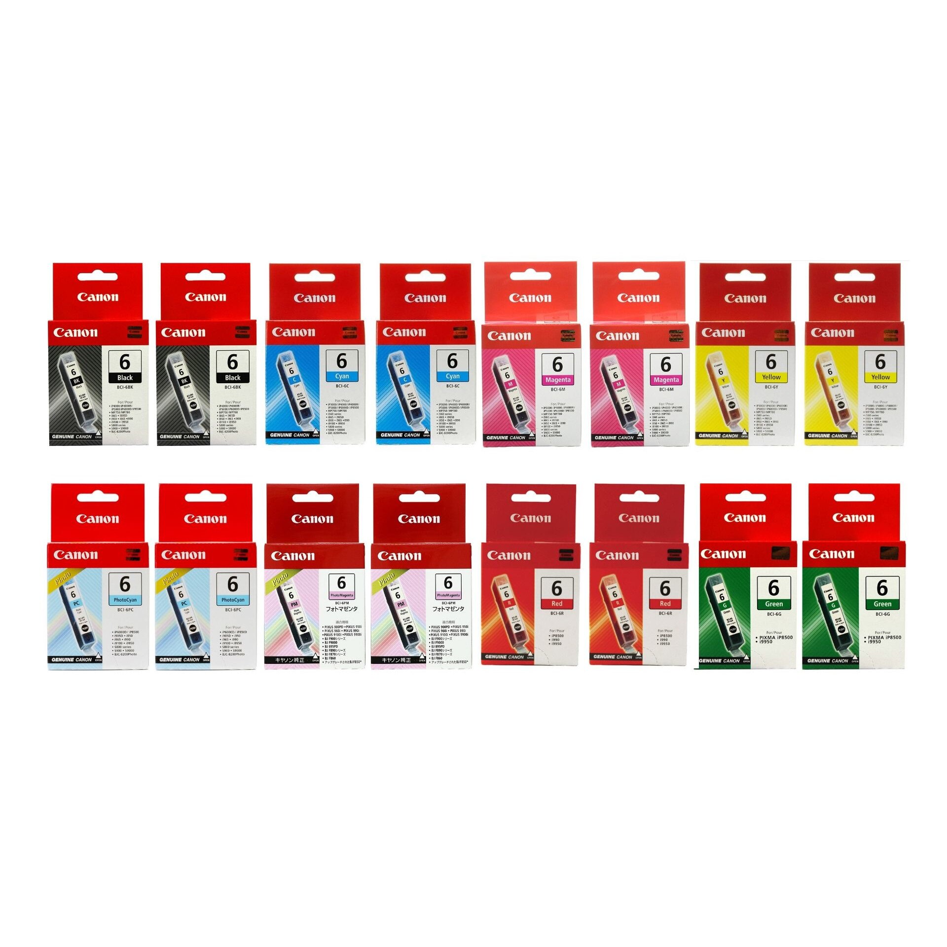 Pachet cartuse cerneala BCI-6BK negru x2 BCI-6C cyan x2 BCI-6M magenta x2 BCI-6Y galben x2 BCI-6G verde x2 BCI-6R rosu x2 BCI-6PC cyan foto x2 BCI-6PM magenta foto x2 Canon original 4480 pagini