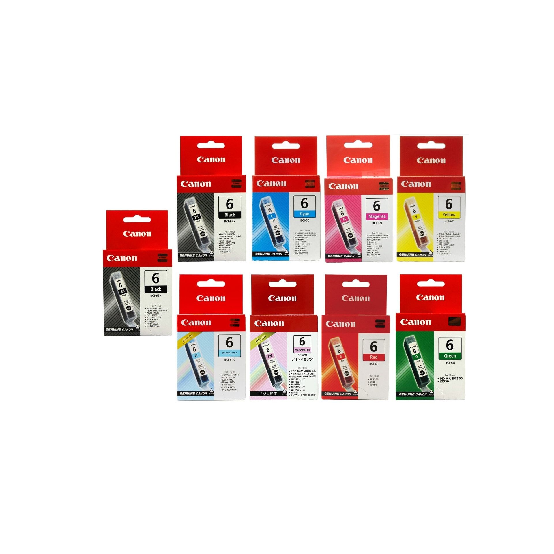 Pachet cartuse cerneala BCI-6BK negru x2 BCI-6C cyan BCI-6M magenta BCI-6Y galben BCI-6G verde BCI-6R rosu BCI-6PC cyan foto BCI-6PM magenta foto Canon original 2520 pagini