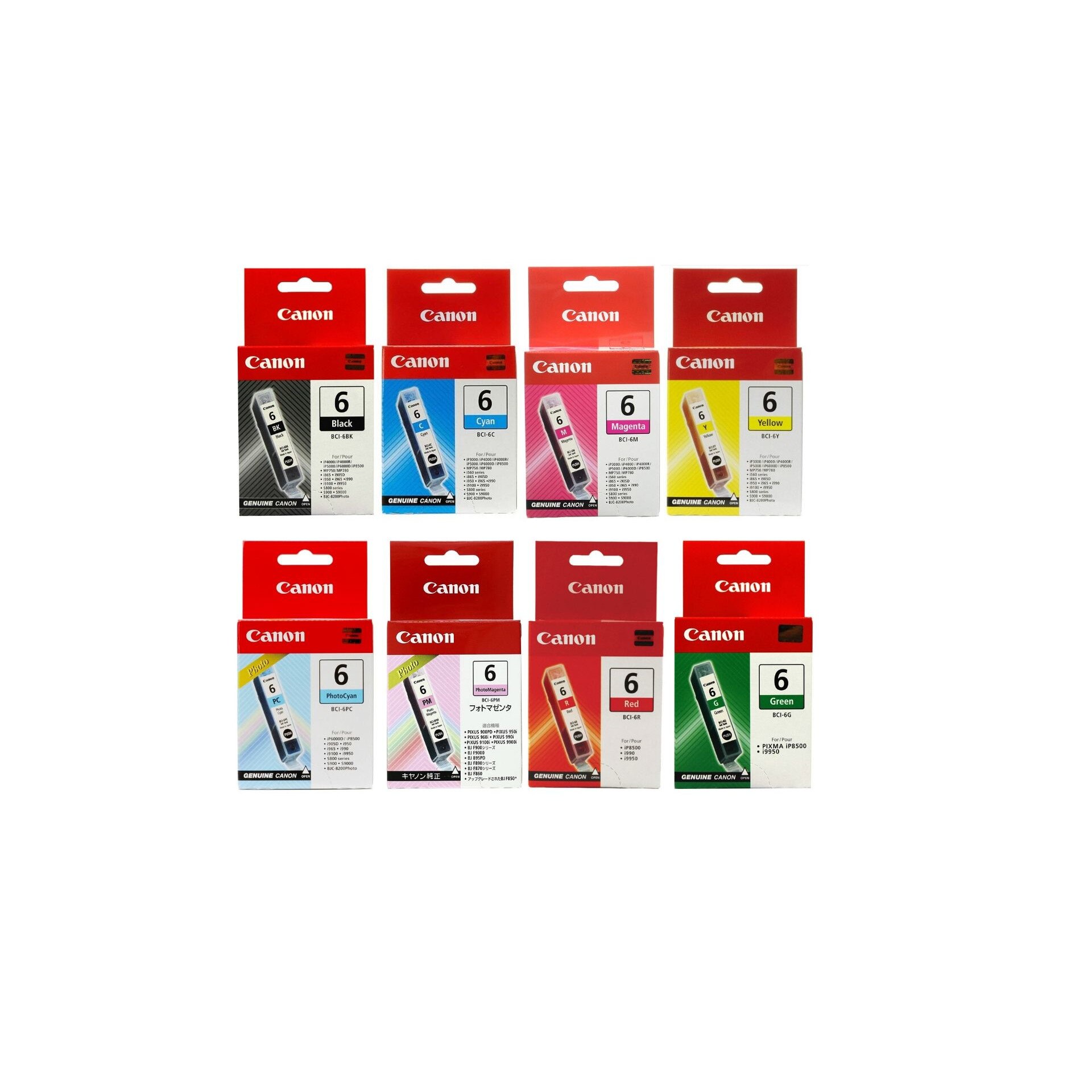 Pachet cartuse cerneala BCI-6BK negru BCI-6C cyan BCI-6M magenta BCI-6Y galben BCI-6G verde BCI-6R rosu BCI-6PC cyan foto BCI-6PM magenta foto Canon original 2240 pagini