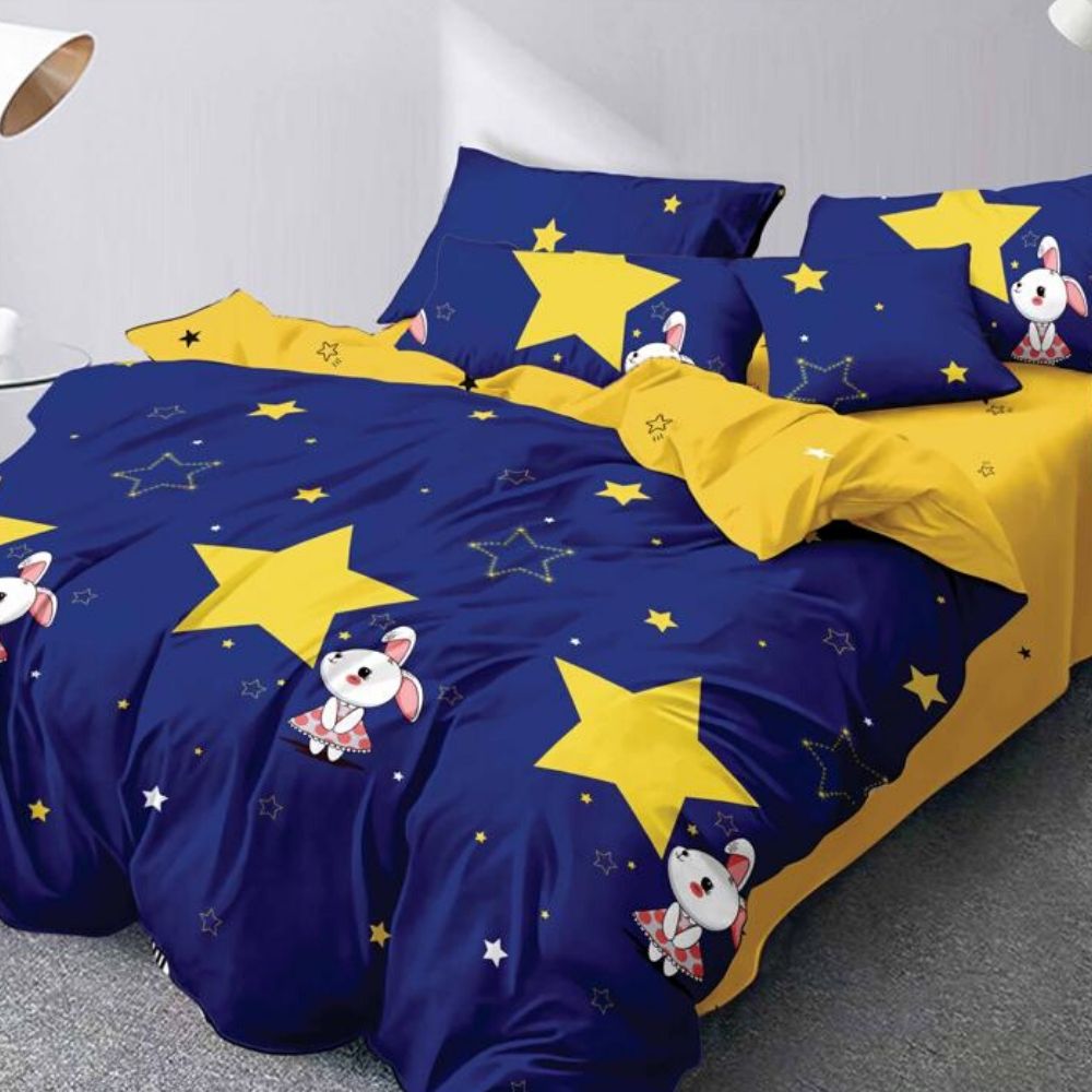 Set Lenjerie de Pat din Finet Satinat cu 2 Fete, 6 Piese, Pat 2 Persoane, Stele si Iepurasi