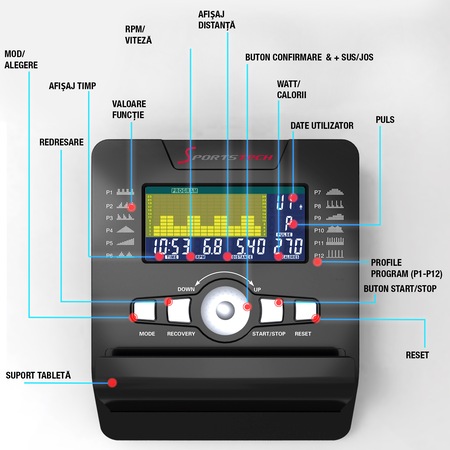 Bicicleta fitness Sportstech ESX500, Ergometru, Volanta 12 kg, 5.5“ Display, Angrenaj ȋn 3 foi, Scaun/ghidon ajustabile, Functie de Streaming, functie cardio HCR, Greutate max 120 kg, Role transport, Pedale antiderapante, Suport tableta/telefon