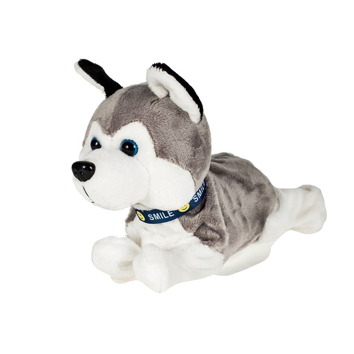 Catelus husky interactiv pentru copii, MalPlay, emite sunete, merge, latra, gri