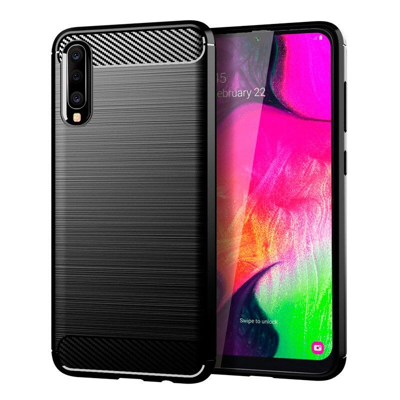 Husa de protectie pentru Samsung Galaxy A70, bumper cu insertii de carbon, Negru
