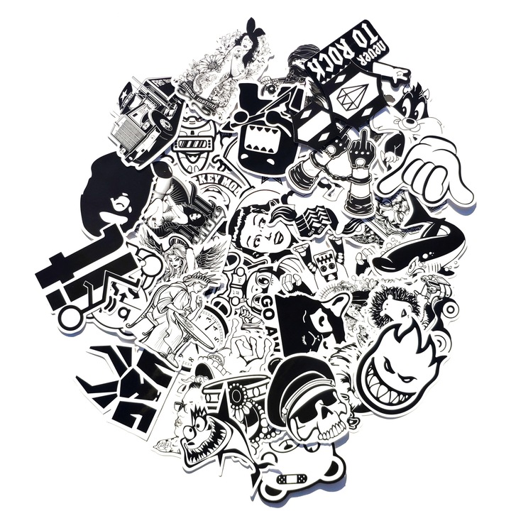 Set Stickere / Abtibilduri 50 bucati Waterproof Black and White / Alb - Negru "Never To Old To Rock"