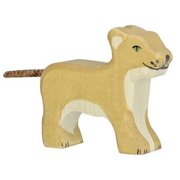 Figurina, Holztiger, leu, mic, in picioare, lemn masiv, 6x2,3x7cm