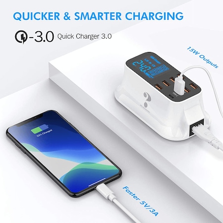 Statie de incarcare A19Q 40W cu 6 x USB 2.0 Qualcom, USB 3.0 Fast Charge, USB Type-C si display afisaj, alb