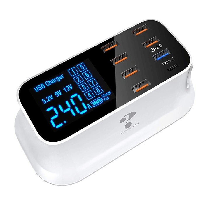 A19Q 40W зарядна станция с 6 x USB 2.0 Qualcomm, USB 3.0 Fast Charge, USB Type-C и дисплей, бял
