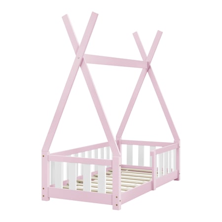 Pat copii Imola, en.casa, 148 x 76 x 165 cm, lemn de brad, roz, forma cort, cu grilaj protectie