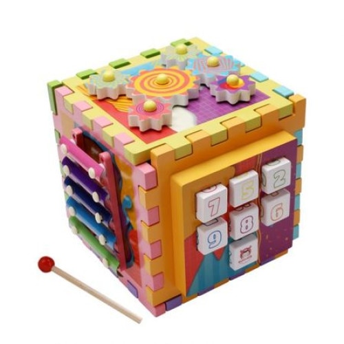 Jucarie educativa si interactiva tip cub, din lemn, 6 in 1, multifunctional, puzzle, BBL1298
