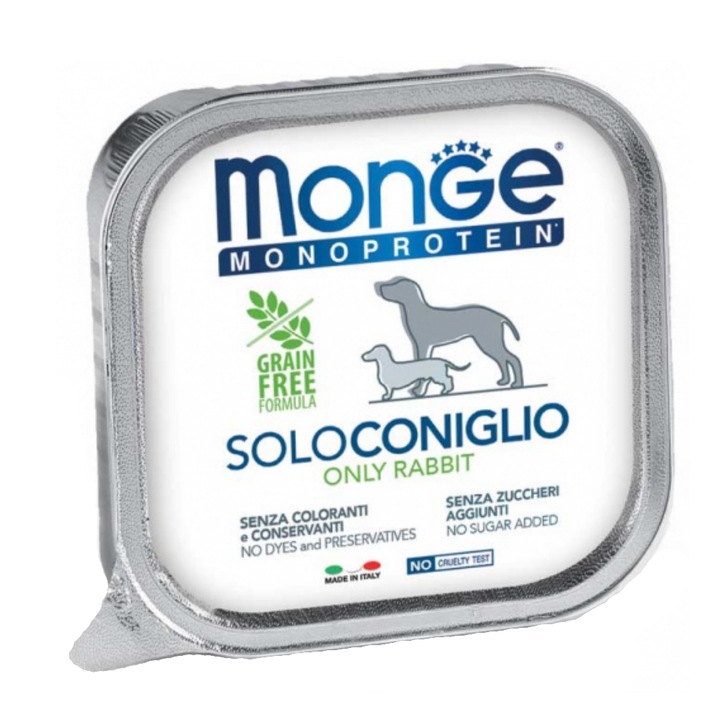 Hrana monoproteica pentru caini, Monge Solo coniglio (iepure) 150g