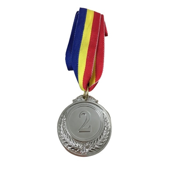 Medalie argintie, Locul 2 cu snur tricolor, diametru 5cm x 3mm