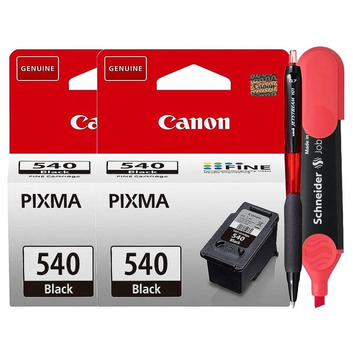 Pachet Cartuse Cerneala Original Canon 2xPG-540B Negru, 16 ml, Pix Jetstream si Textmarker Schneider