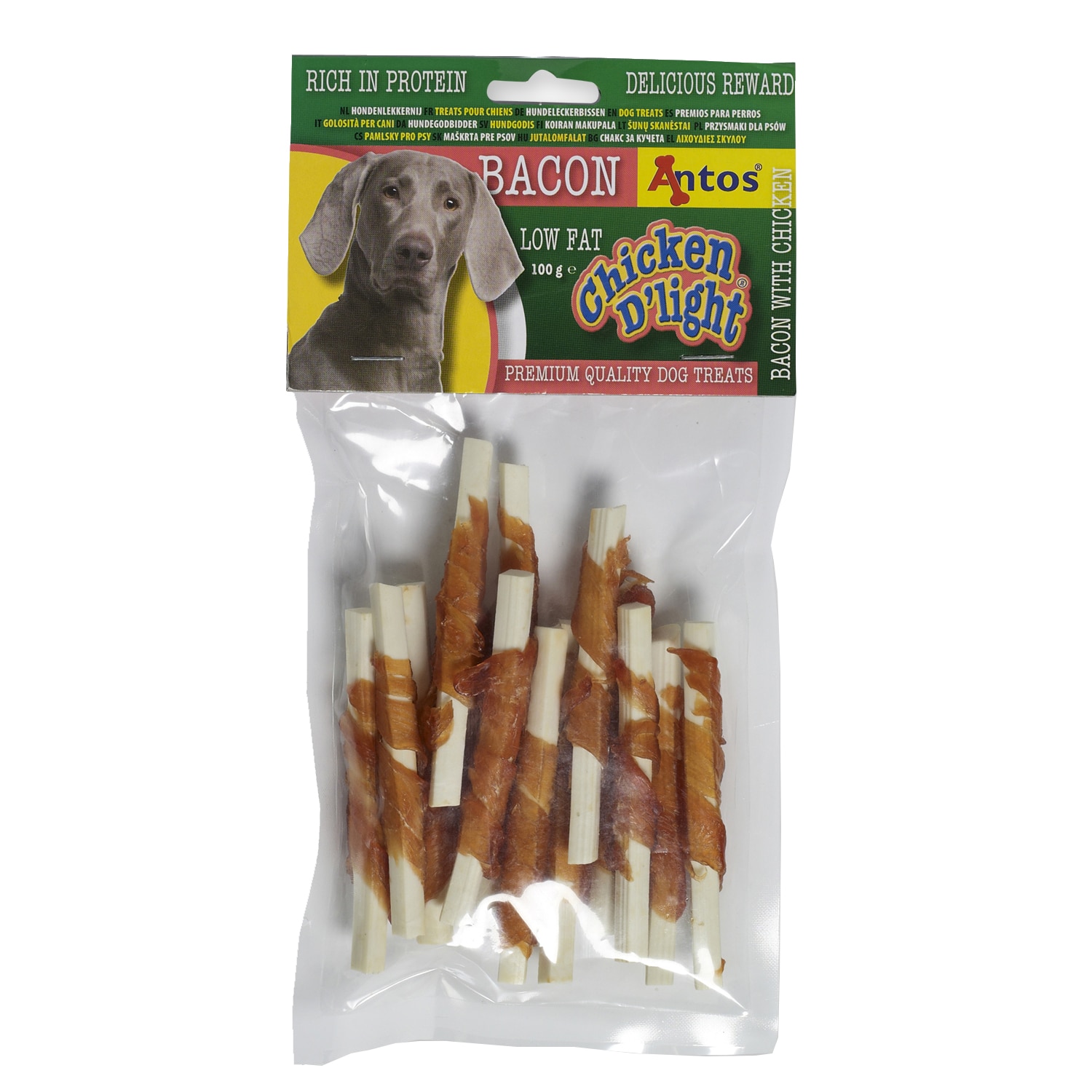 Recompense pentru caini Antos Chicken D'Light, Bacon, 3 x 100 g