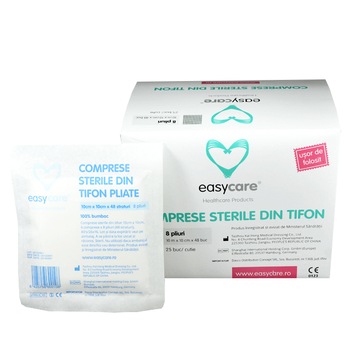 Comprese sterile din tifon EASYCARE pliate 10cm x 10cm, 100% bumbac, 25 plicuri/cutie Comprese sterile din tifon EASYCARE pliate 10cm x 10cm, 100% bumbac, 25 plicuri/cutie