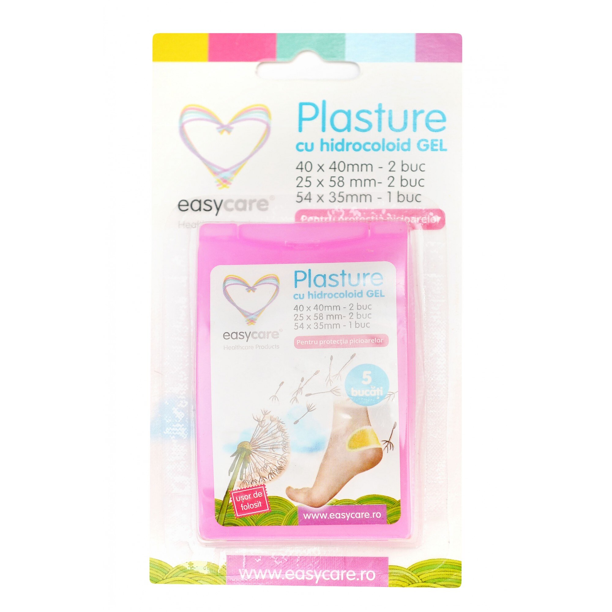 Plasture pentru calcaie EASYCARE cu hidrocoloid gel 3 dimensiuni 5 buc/cut