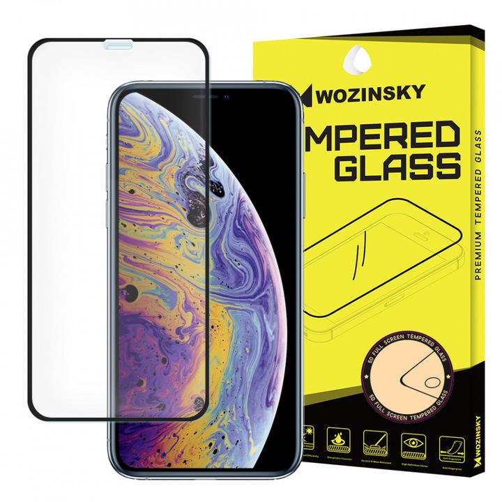 Folie protectie Wozinsky teljes ragasztó szuper kemény képernyővédő fólia teljes fedett, kerettel Barát pentru Apple iPhone 11 Pro / iPhone XS / iPhone X fekete