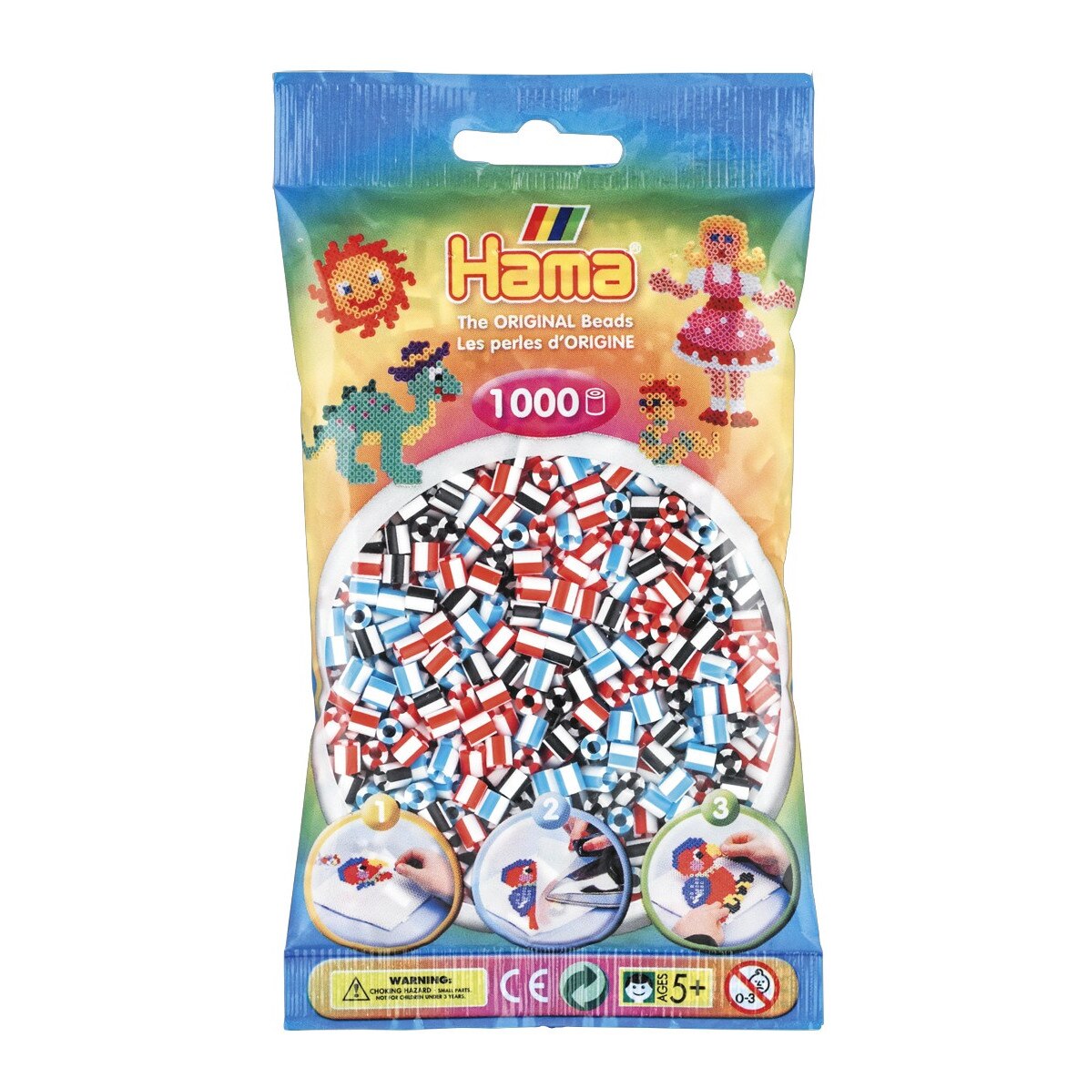 Margele de calcat HAMA MIDI mix 3 culori cu dungi, 1000 buc in pungulita