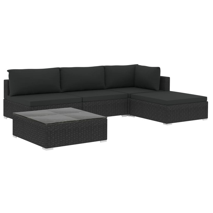vidaXL 5-részes fekete polyrattan kerti bútorszett párnákkal 39.55 kg 46784