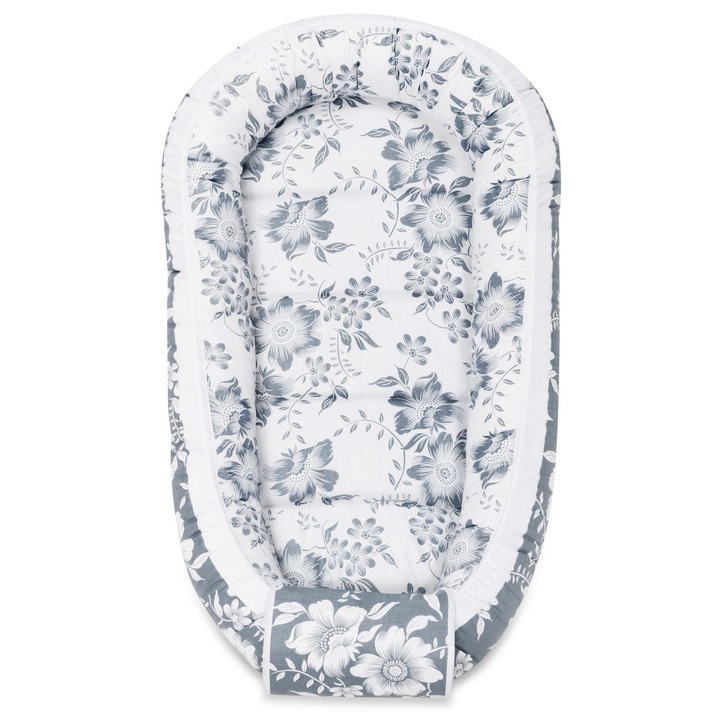 Мултифункционално бебешко гнездо Bellochi Magnolia, Двустранно, 100 Памук, Бял/Сив