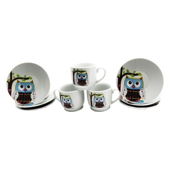 Set de 12 piese ceramica ,6 cesti de 6 cm si 6 farfuri de 12 cm,model bufnita,color Set de 12 piese ceramica ,6 cesti de 6 cm si 6 farfuri de 12 cm,model bufnita,color