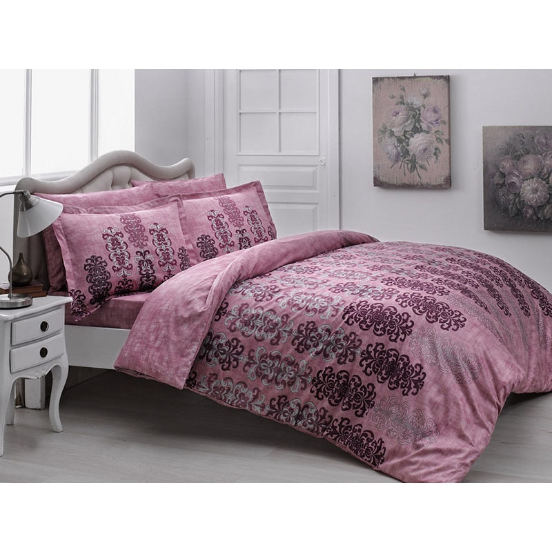 Lenjerie de pat dublu, 6 Piese, TAC, model Rauma Bordo , Bumbac 100% Satin
