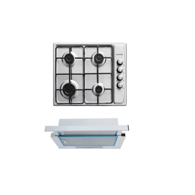 Set Plita incorporabila ,Gaz, 4 arzatoare, Inox si Hota incorporabila telescopica ,1 motor, 60 cm