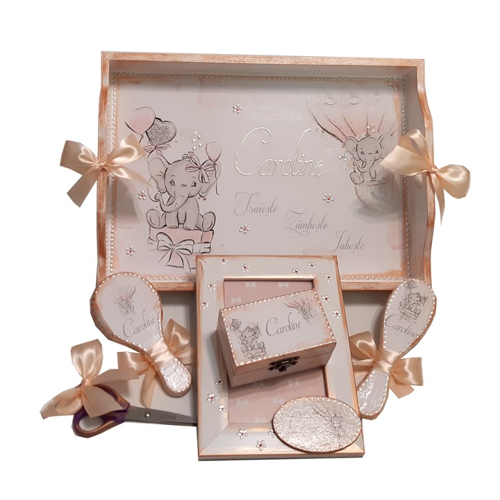 Set tava mot fetite, tema Elefantei. 6 piese lemn, multicolor, Mixartstudiobym