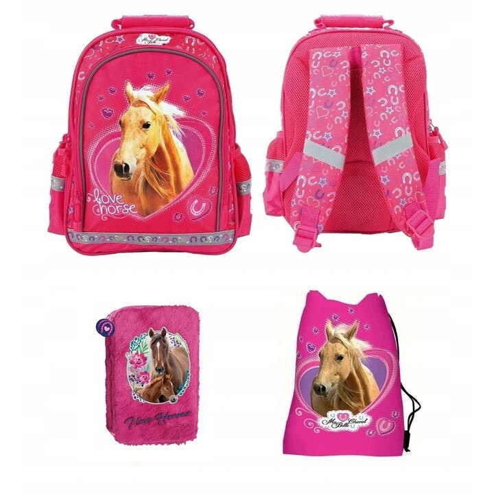 Set rucsac scoala, cal, penar, sac pentru pantofi, multicolor, new