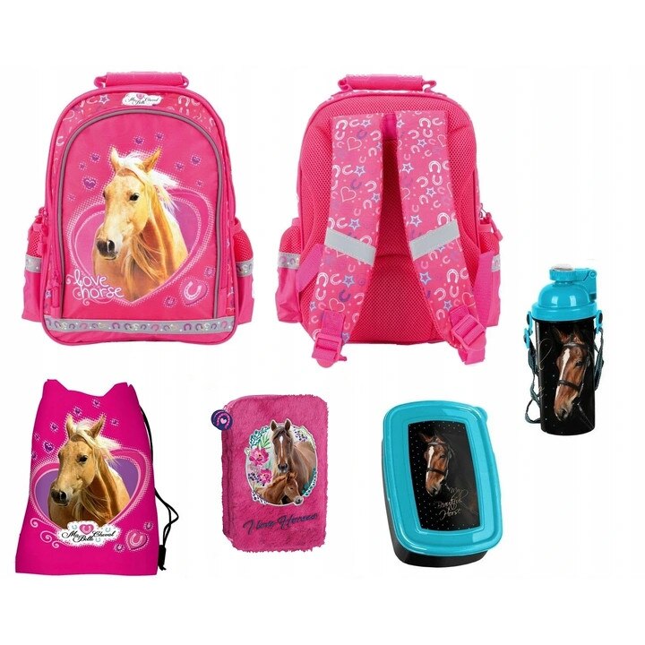 Set rucsac scoala, cal, penar, sac pentru pantofi, sticla de apa, cutie pentru pranz, multicolor