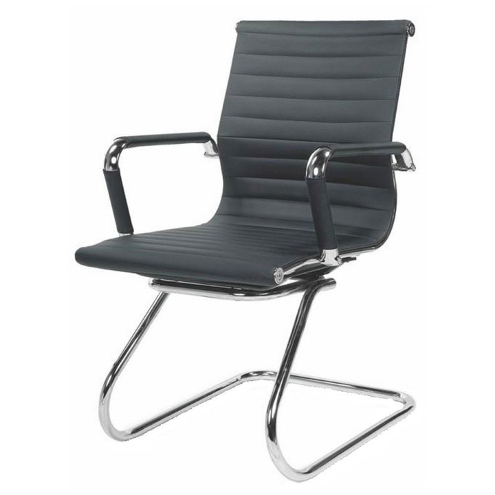 Scaun conferinta HM Prestige Skid, Piele ecologica, Suport lombar, H 88 cm, Sarcina max 136 kg, Negru